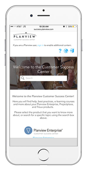 Le Planview Customer Success Center est accessible depuis un mobile