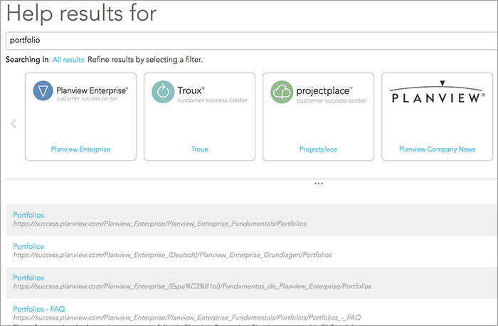 Résultats de recherche du Planview Customer Success Center